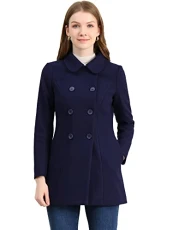 Women's Peter Pan Collar Double Breasted Winter Long Trench Pea Coat Navy Blue S