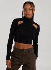 Ribbed Roll Neck Jumper With Cut Out Detail  - L  - Black