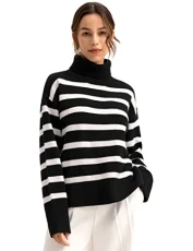 Oversized Sweater for Women 100% Merino Wool with Stripes & Turtleneck Pullover Sweatshirt for Fall Winter(Black&White Stripes,M)