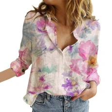 Warehouse Deals Summer Tops for Women UK Flower Print Button Down Long Sleeve Shirt Casual Floral V 