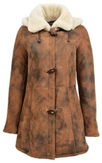 Womens Real Sheepskin Duffle Coat Detachable Hoodie Parka Ellen Vintage Brown (12)