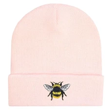 TeddyT's Women's Bumble Bee Embroidered Thermal Beanie Hat (Baby Pink)