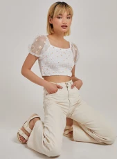 Short Sleeve Shirred Mesh Daisy Top  - L  - White