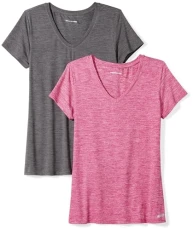 Women's Tech Stretch Short-Sleeved V-Neck T-Shirt (Available in Plus Sizes), Pack of 2, Charcoal Heather Space Dye/Raspberry Red Space Dye, XL