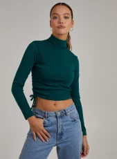 Ruched High Neck Side Top  - S  - Teal