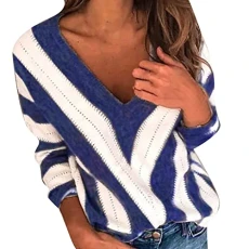 Women's V Neck Long Sleeve Striped Neck Knitted Sweater Women's Cardigan Red, blue, S