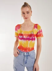 Tie Dye Mesh Square Neck Bodysuit  - 10  - MULTI