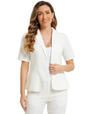 Cotton Linen Blazer for Women's Office Business Short Sleeve Notched Lapel Blazer Jacket White M