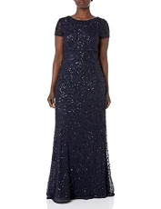 Women's Short-sleeve All Over Sequin Gown Dress, Navy, 14 UK