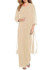 Mother Pant Suits Beaded Chiffon Jacket 3 Pieces Plus Size Dress for Mother of The Bride Champagne