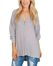 Womens V Neck Long Sleeve Chiffon T-Shirt Casual Loose Irregular Hem Shirt Blouse Tops Grey L