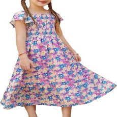 Girls Dresses for Summer Flower Princess Dress Kids Smocked Casual Wedding Party Pull On Midi A-Line Dress