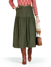 Ladies | Pull-On Stretch Tiered Cord Skirt with Elasticated Waist and Pockets | 29-Inch Long Casual A-Line Skirt | Green