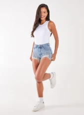 Embellished Diamante Dark Denim Shorts  - 6  - DARK BLUE