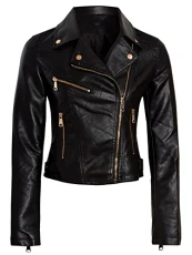 Womens Faux leather Biker Jacket with Gold Trims