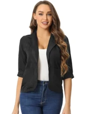 Women's Notched Lapel Basic Rolled-up Sleeve Lightweight Work Office Blazer Black M