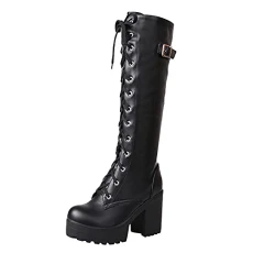 Womens Platform Knee High Boots Punk Goth Lace up Wedge Chunky Heel Mid Calf Shoes Ladies Faux Leath