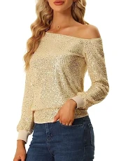 Long Sleeve Sparkly Tops for Women's Party Off Shoulder Sequin Top Gold L