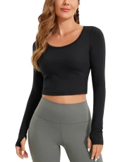 Women's Butterluxe Long Sleeve Sports Shirts Slim Fit Crop Top Crew Neck Cropped Gym Tops with Thumb Hole Black 8