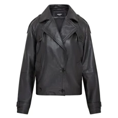 Womens Black Cropped Oversized Leather Classic Trench Jacket