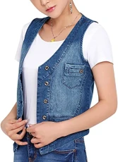 Women's Stretchy Sleeveless V-Neck Button Up Denim Waistcoat Vest (UK 16, Blue)