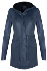 Women's Navy Leather Hooded Parker Jacket Multi-Pocket Trench Coat L