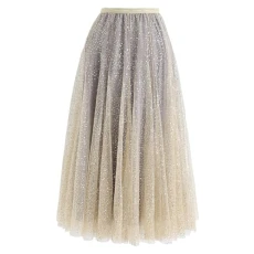 Women Tulle Mesh Sequin Skirts Elastic Waist Pleated Midi Skirt Sparkle Layered Flowy Fairy Tutu Skirts, Yellow, L-XL