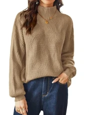 Women's Sweaters Turtleneck Lantern Sleeve Oversized Chunky Cable Knit Fall Tops, Light Coffee, M