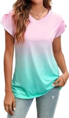 T-Shirts for Women Short Sleeve Gradient Printed V Neck T Shirt Ladies Summer Tops Petal Sleeve Basic Tee Top