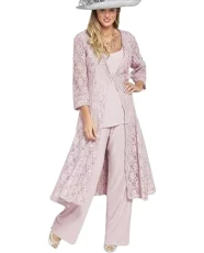 Women's 3 Pieces Chiffon Mother of The Pant Suits with Lace Long Jacket Wedding Guest Outfits