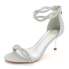 Women Ladies Sparkly Diamante Evening Wedding Party Bridal Ankle Wrap Stiletto Heel Sandals Silver S