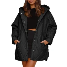 01099 Zu Women's Stylish Winter Casual Diamond Quilted Lightweight Jacket Coat with Hood, black, M