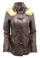 Women’s Detachable Hood Quilted Brown Leather Parka Jacket 24