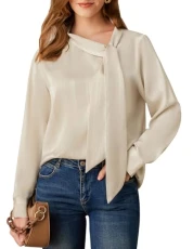 Ladies Blouses Long Sleeve Blouse for Women UK Loose Fit Work Office Tops Shirt Champagne M