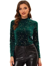 Women's Saree Blouse Round Neck Long Sleeve Metallic Shinny Star Velvet Top Green S-8