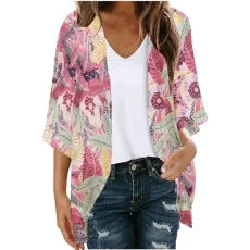 Women's Cardigans UK Summer Long Cardigan Tops Hawaii Floral Printed Cardigan 3/4 Sleeve Loose Chiff