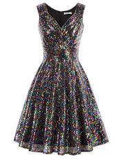 Women Sequins Velvet Banquet Dinner Dress 1950s Style Autumn Winter V-Neck A-line Dress