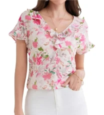 Women V Neck T Shirt Summer Spring Casual Tops Elegant Floral Printed T Shirts Blouse Pink Flower M