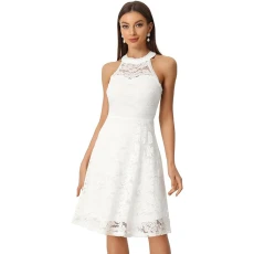 Lace Dress for Women's Halter Neck Sleeveless Elegant Cocktail A-Line Dress White M