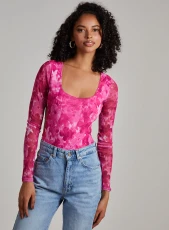 Graphic Floral Long Sleeve Backless Bodysuit  - 14  - Hot Pink