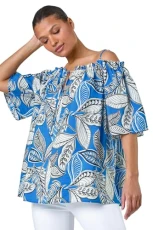 Roman Leaf Print Cold Shoulder Bardot Top for Women UK - Ladies Spring Everyday Summer Holiday Short