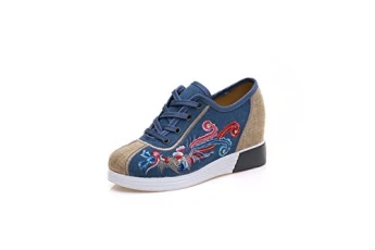 Women Lady Vintage Chinese Style Embroidery Lace Up Casual Sneaker Shoes (EU 38, Blue)