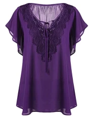 Fashion Women's V-Neck Large Size Comfortable Lace Stitching Speaker Short-Sleeved T-Shirt Purple XXXL