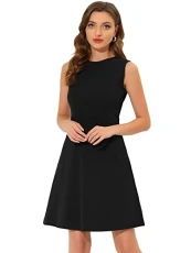 Women's Work Dress Solid Color Sleeveless A-line Flare Dresses Black 16