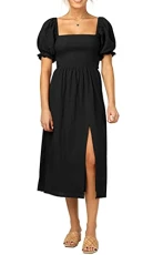 Summer Women Square Neck Ruffle Puff Sleeve Beach Long Dress Boho Backless Plaid Empire Waist Midi Dress with Split(Medium,Black)