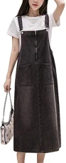 Women's Pinafore Dresses Mid Length Long Casual Denim Jeans Suspender Overall Dress (UK 14, Deep Gre