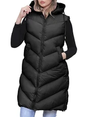 Women's Padded Long Plain Hooded Gilet Bodywarmer Sleeveless Quilted Jacket With Pockets Outwear Zipper Ladies Thicken Coat