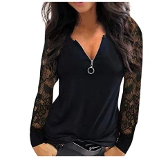 Women's Long Sleeve V-Neck Shirt with Lace Stitching Sexy Shirt Front Blouse Pullover Sweatshirts Chic Vintage Cheap Large Size Sewing Literary Top No Pocket, Black, XL