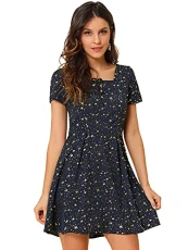 Women's Printed Casual Square Neck Short Sleeve Fit and Flare Dress Blue-Stars M-12