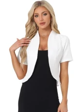 Short Sleeve Blazer for Women's Business Suit Jacket Collarless Cardigan White L